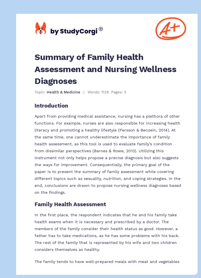 Summary of Family Health Assessment and Nursing Wellness Diagnoses. Page 1