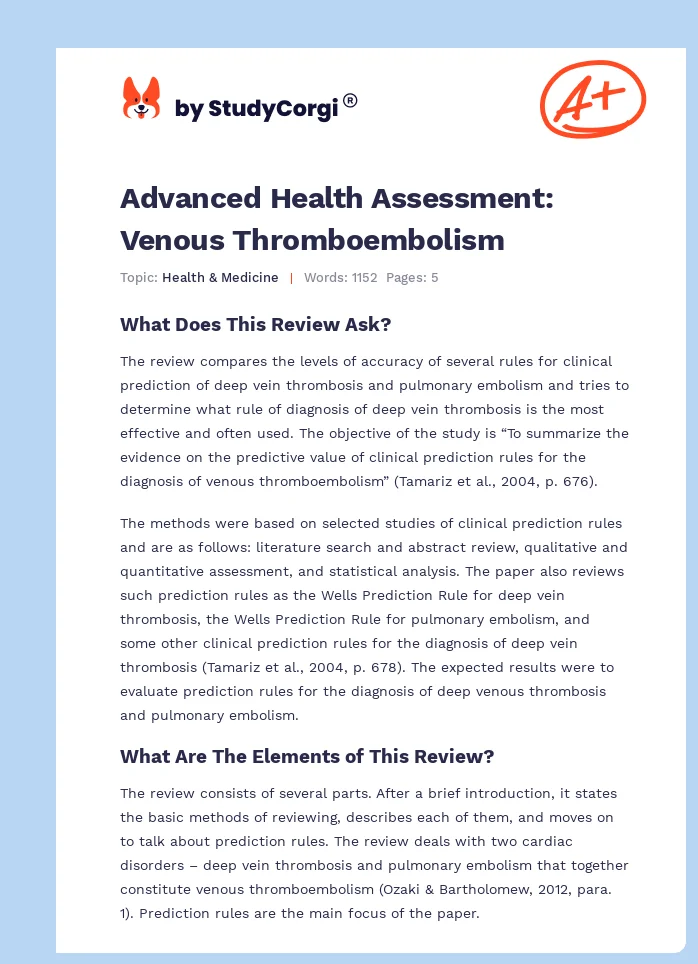 Advanced Health Assessment: Venous Thromboembolism. Page 1