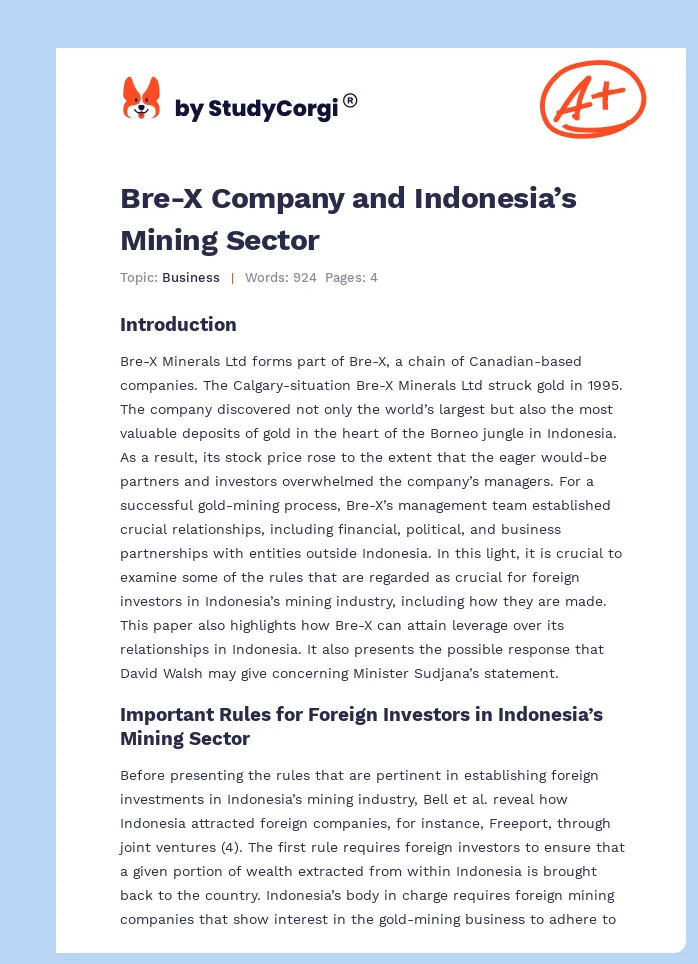 Bre-X Company and Indonesia’s Mining Sector. Page 1