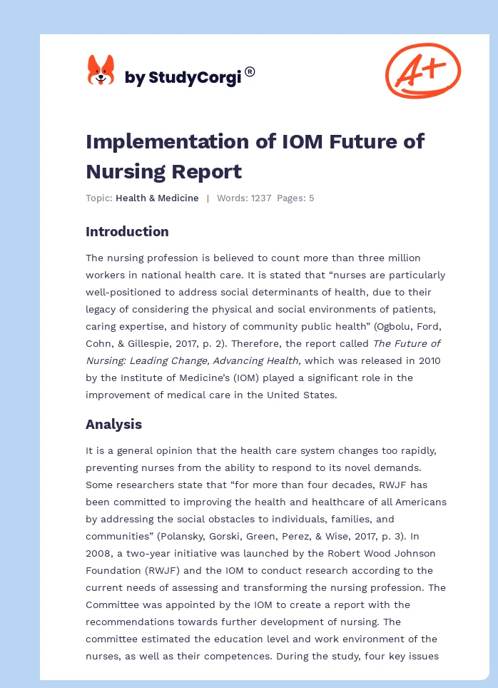 Implementation of IOM Future of Nursing Report. Page 1