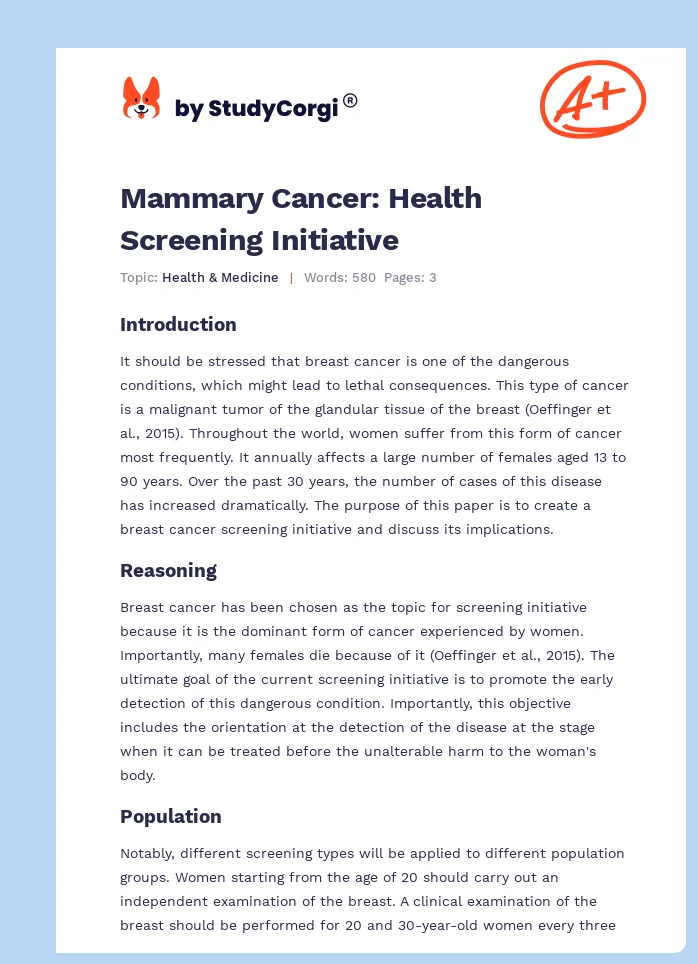 Mammary Cancer: Health Screening Initiative. Page 1