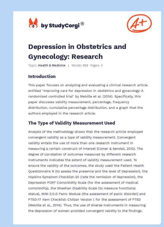 Depression in Obstetrics and Gynecology: Research. Page 1