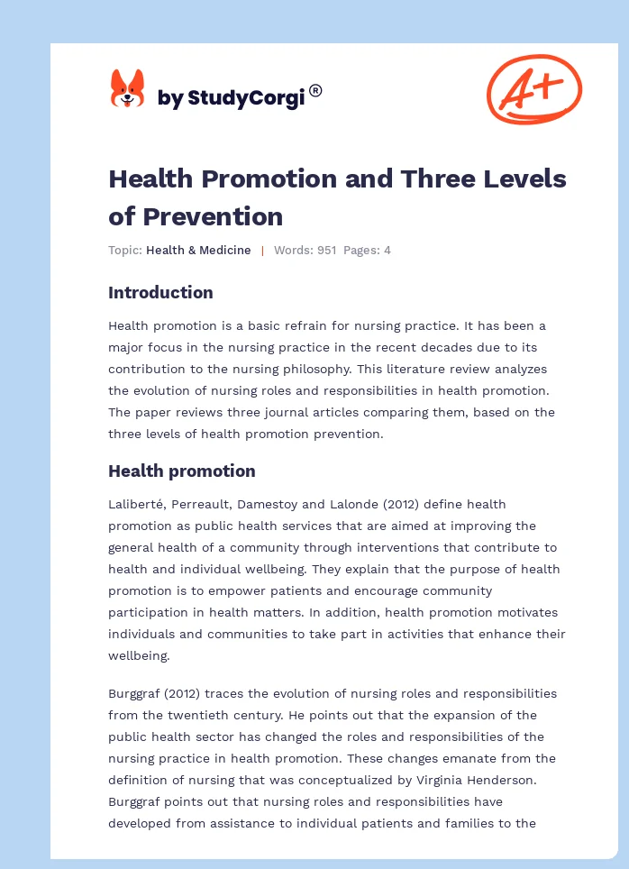 Health Promotion and Three Levels of Prevention. Page 1