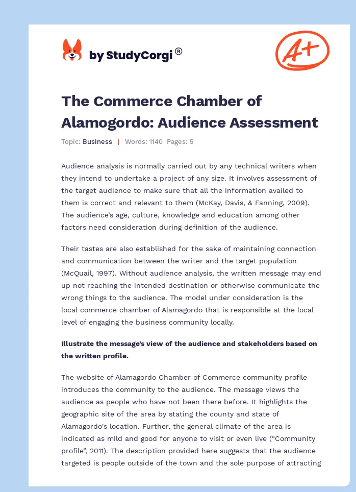The Commerce Chamber of Alamogordo: Audience Assessment. Page 1
