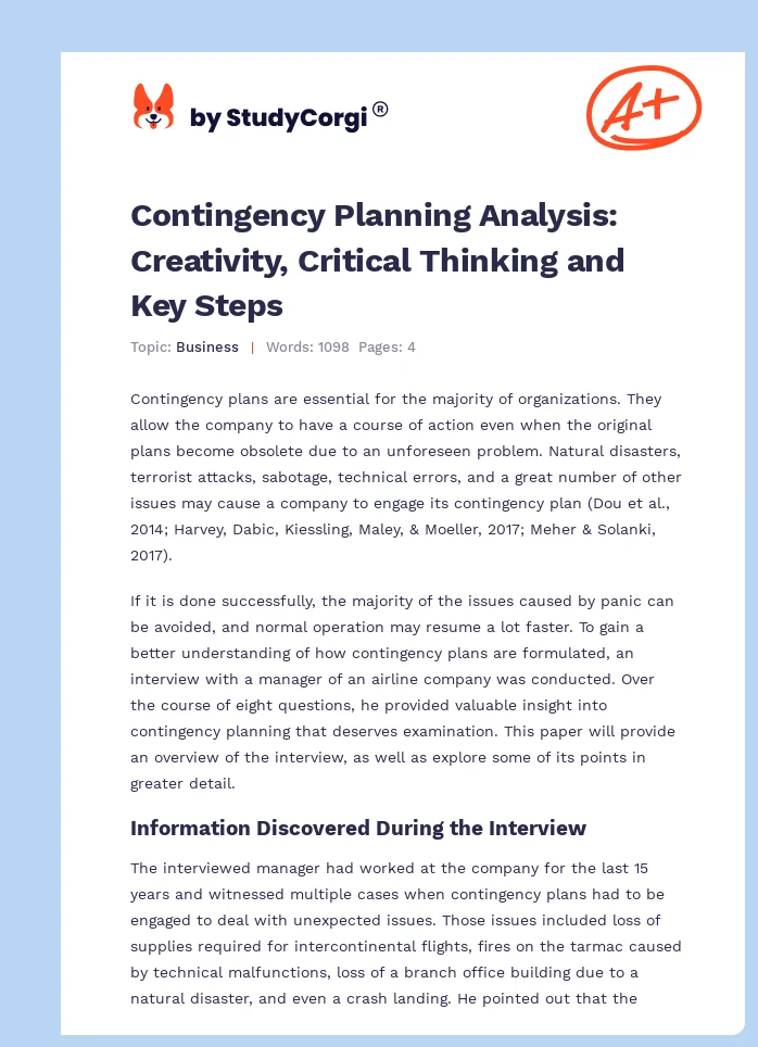 Contingency Planning Analysis: Creativity, Critical Thinking and Key Steps. Page 1