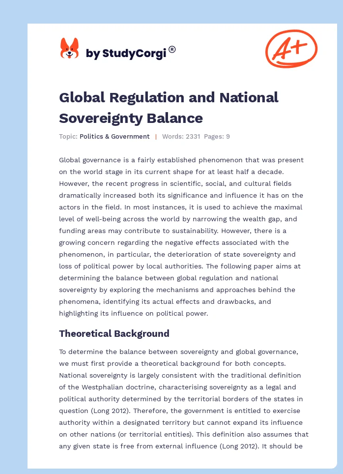 Global Regulation and National Sovereignty Balance. Page 1