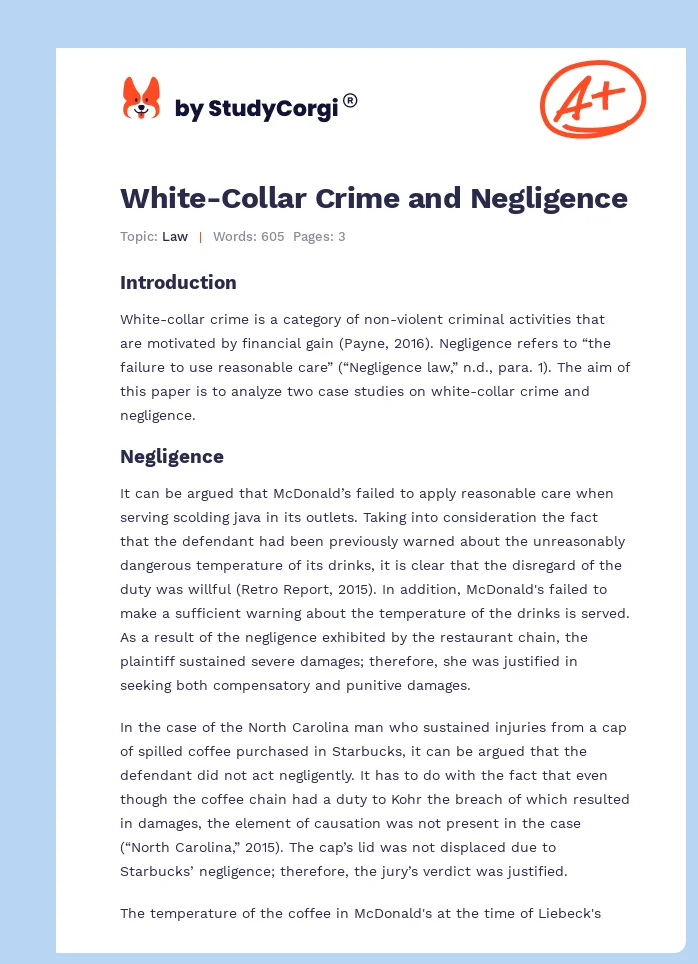 White-Collar Crime and Negligence. Page 1