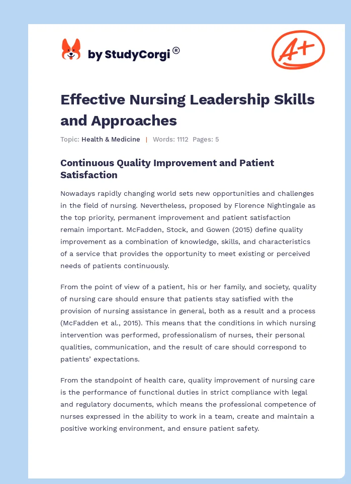 Effective Nursing Leadership Skills and Approaches. Page 1