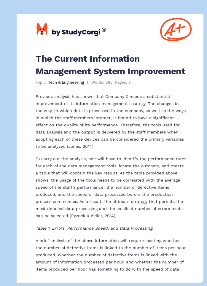 The Current Information Management System Improvement. Page 1