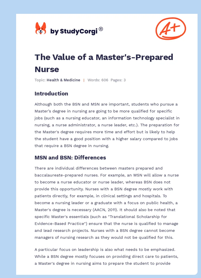 The Value of a Master's-Prepared Nurse. Page 1