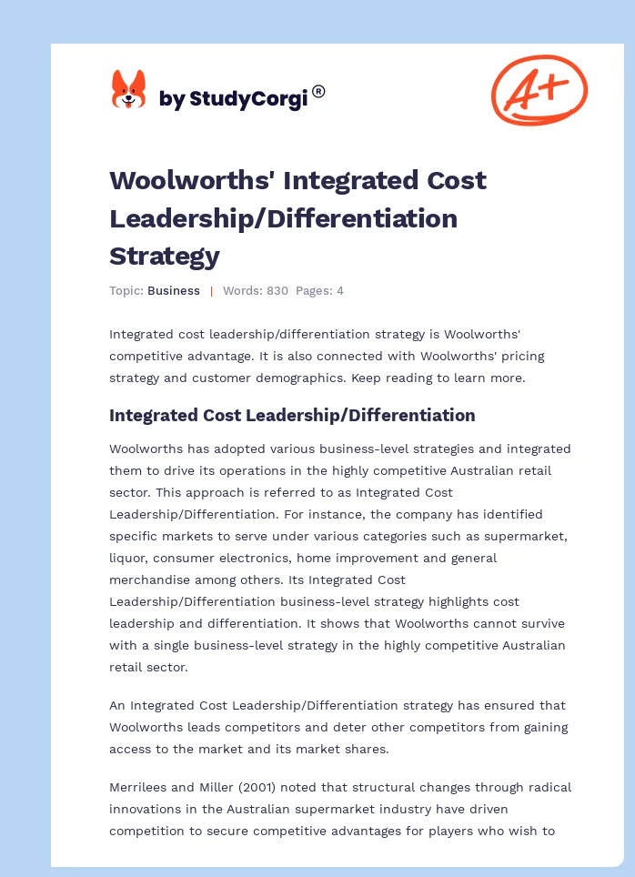 Woolworths' Integrated Cost Leadership/Differentiation Strategy. Page 1