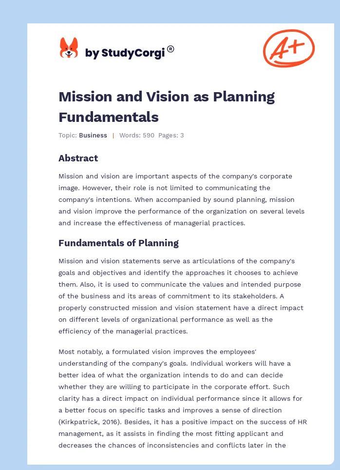 Mission and Vision as Planning Fundamentals. Page 1