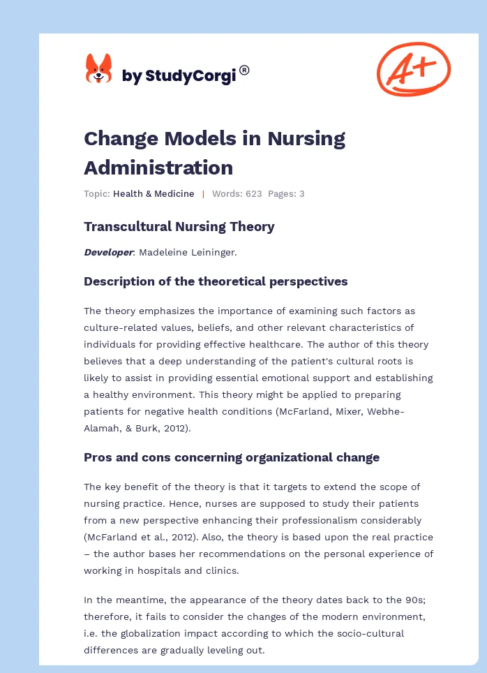 Change Models in Nursing Administration. Page 1