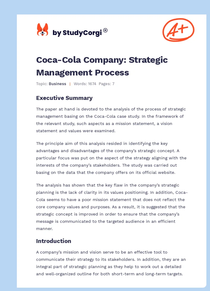 Coca-Cola Company: Strategic Management Process. Page 1