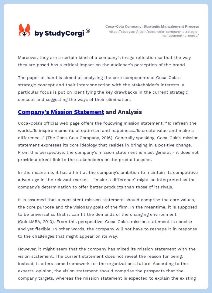 Coca-Cola Company: Strategic Management Process. Page 2