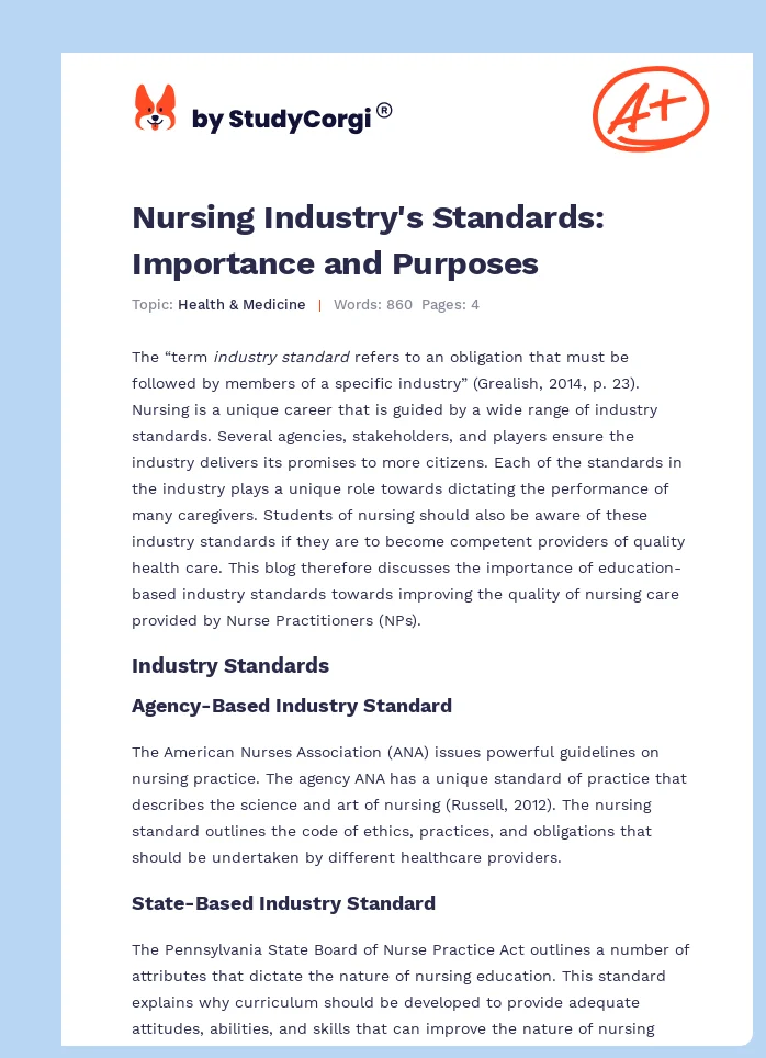 Nursing Industry's Standards: Importance and Purposes. Page 1