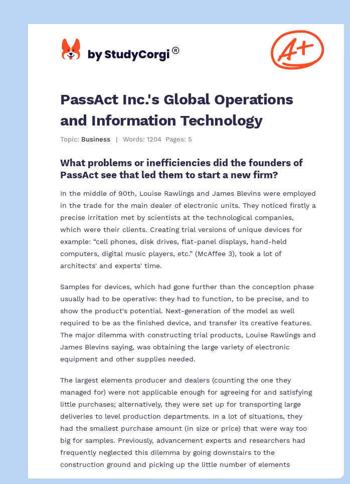 PassAct Inc.'s Global Operations and Information Technology. Page 1
