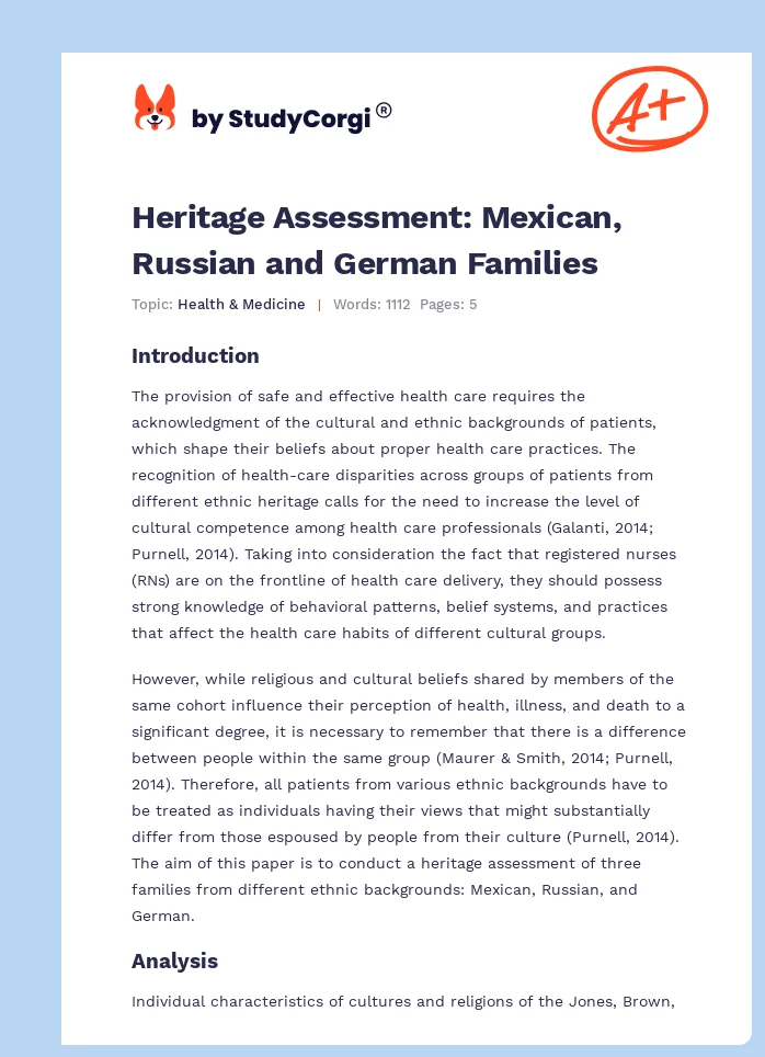 Heritage Assessment: Mexican, Russian and German Families. Page 1
