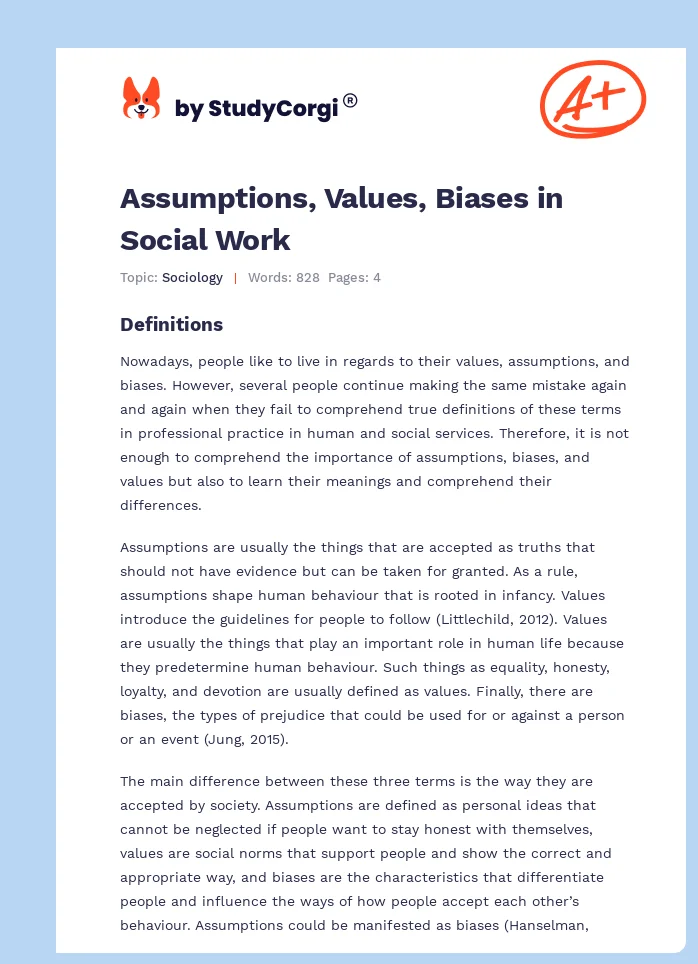 Assumptions, Values, Biases in Social Work. Page 1