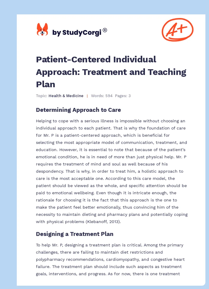 Patient-Centered Individual Approach: Treatment and Teaching Plan. Page 1