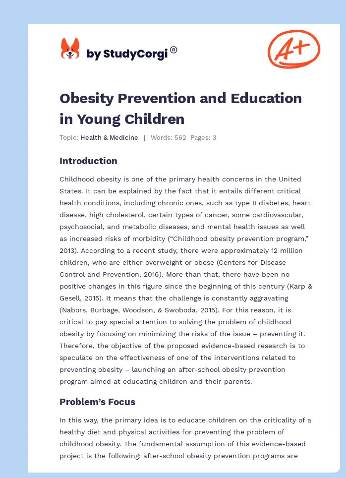 Obesity Prevention and Education in Young Children. Page 1