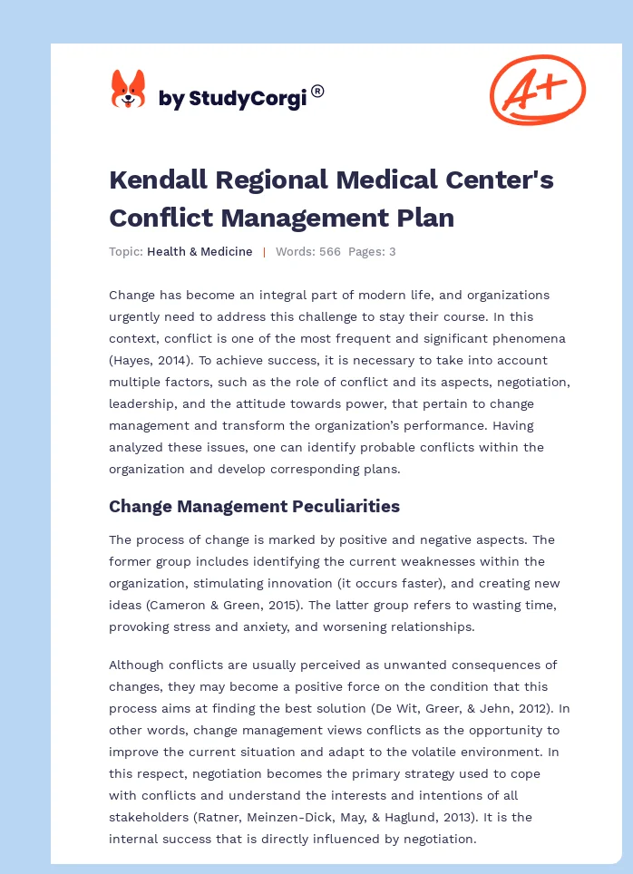 Kendall Regional Medical Center's Conflict Management Plan. Page 1