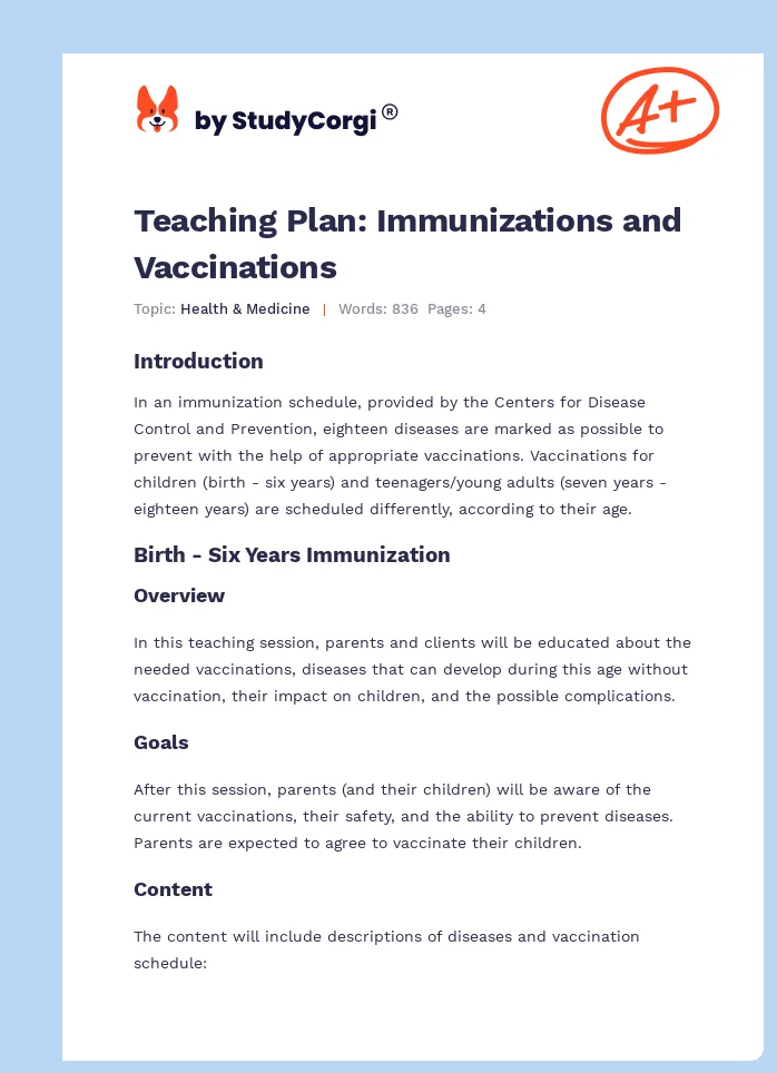 Teaching Plan: Immunizations and Vaccinations. Page 1