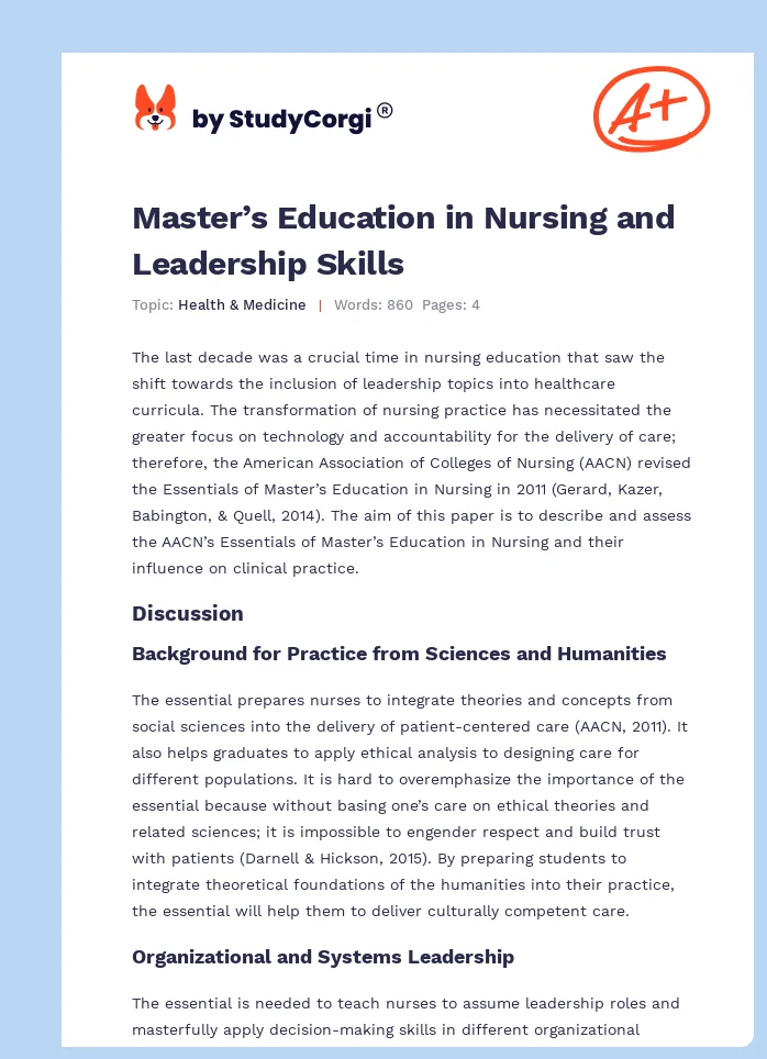 Master’s Education in Nursing and Leadership Skills. Page 1