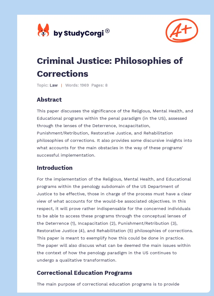 Criminal Justice: Philosophies of Corrections. Page 1