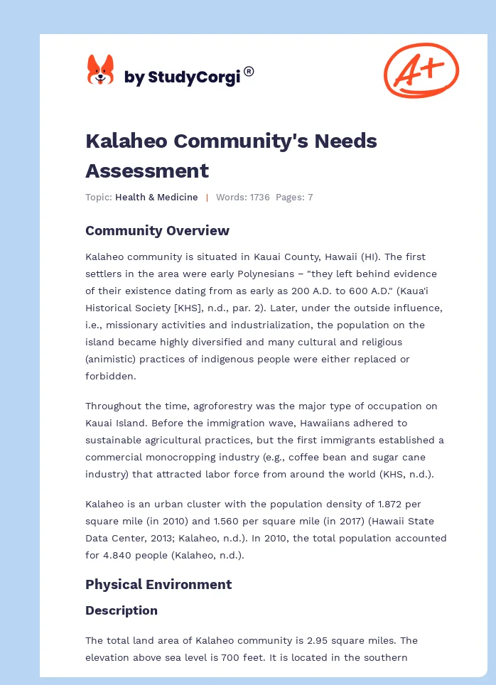 Kalaheo Community's Needs Assessment. Page 1