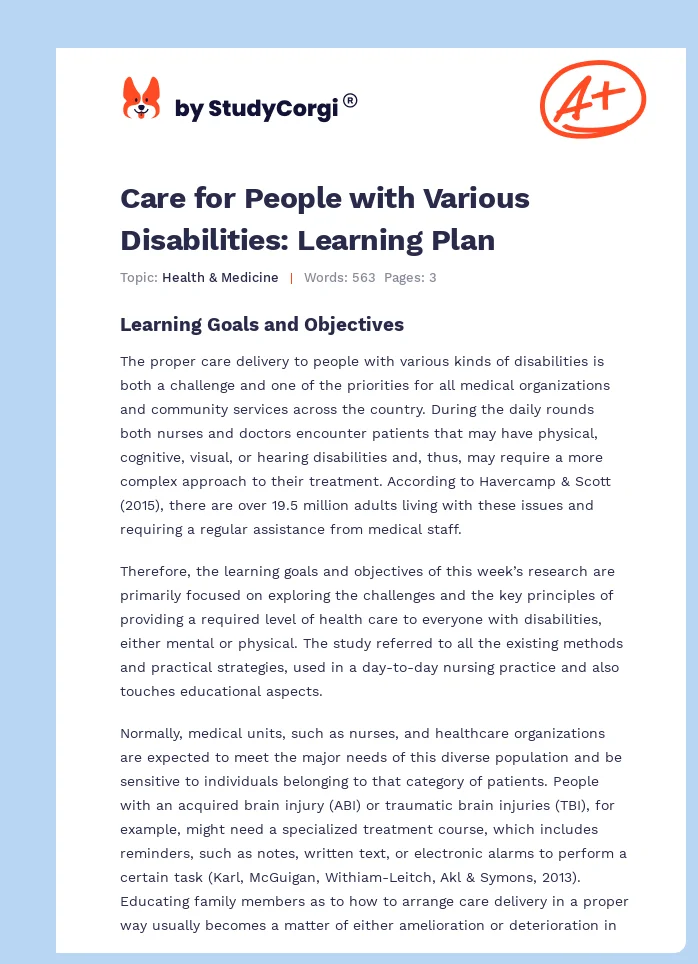 Care for People with Various Disabilities: Learning Plan. Page 1