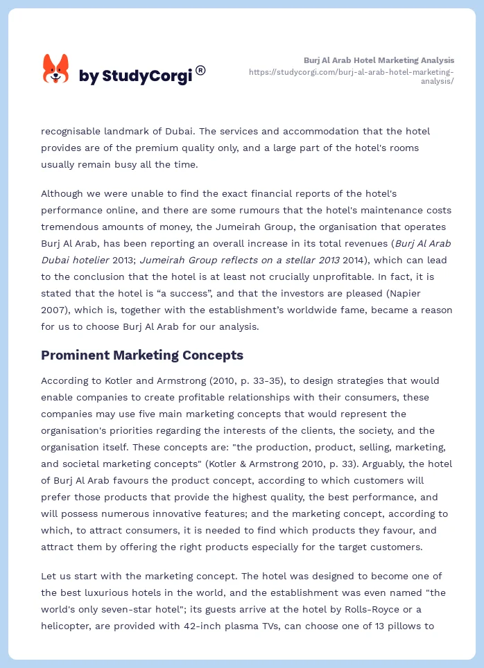 Burj Al Arab Hotel Marketing Analysis. Page 2
