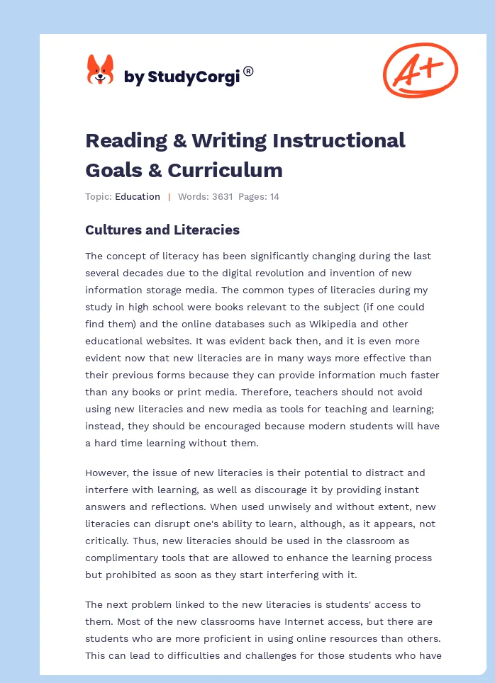 Reading & Writing Instructional Goals & Curriculum. Page 1