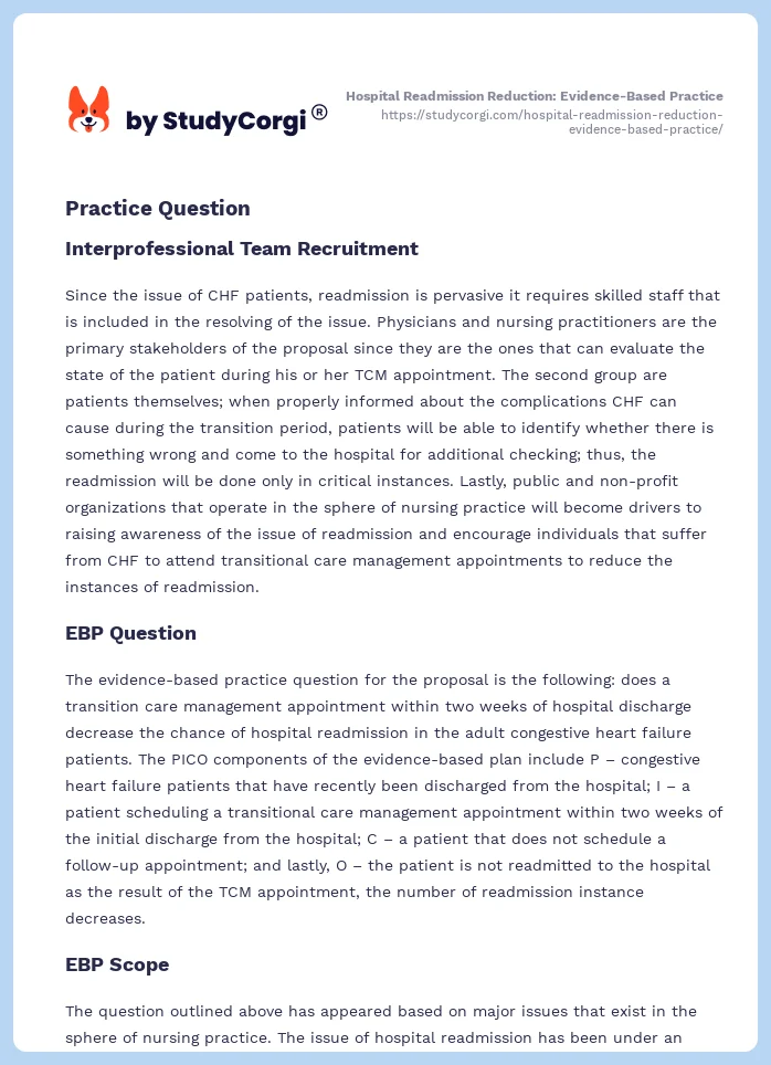 Hospital Readmission Reduction: Evidence-Based Practice. Page 2