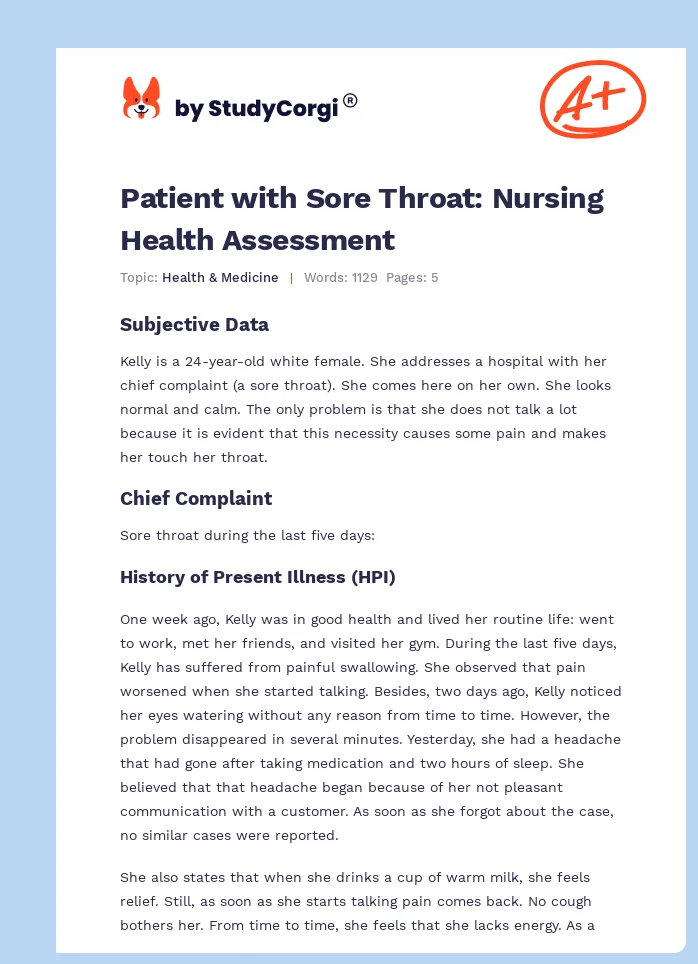 Patient with Sore Throat: Nursing Health Assessment. Page 1