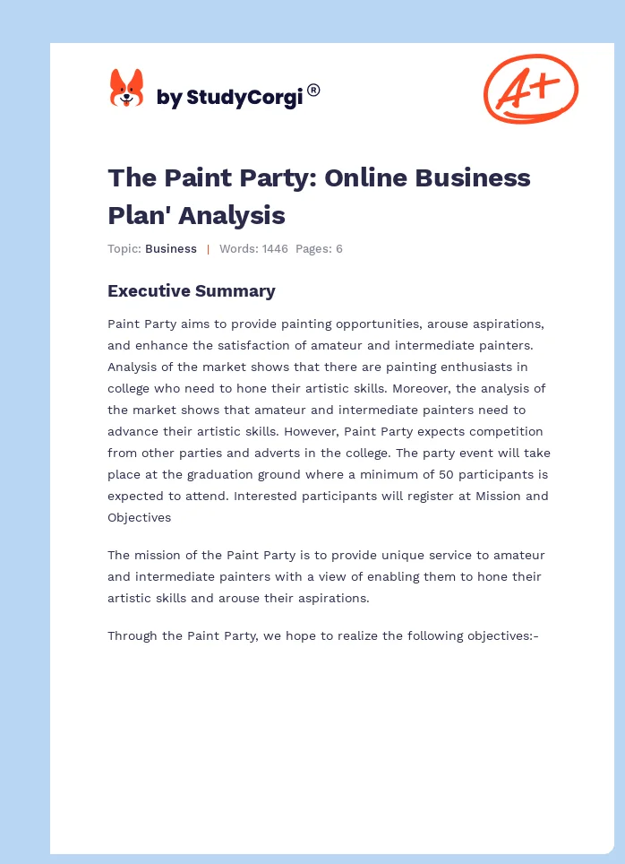 The Paint Party: Online Business Plan' Analysis. Page 1