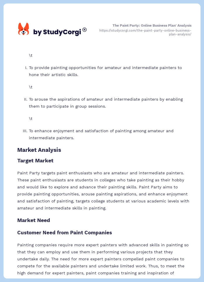 The Paint Party: Online Business Plan' Analysis. Page 2