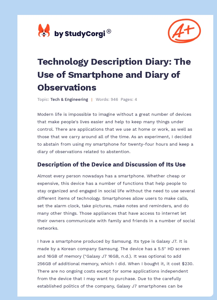 Technology Description Diary: The Use of Smartphone and Diary of Observations. Page 1