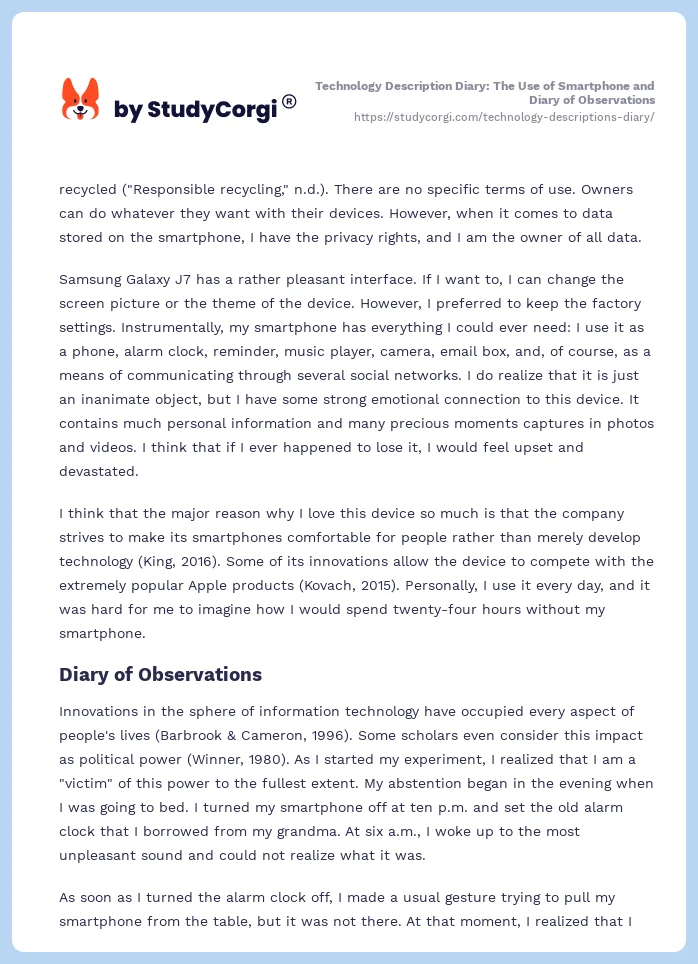 Technology Description Diary: The Use of Smartphone and Diary of Observations. Page 2