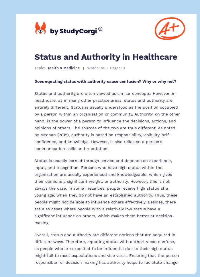 Status and Authority in Healthcare. Page 1