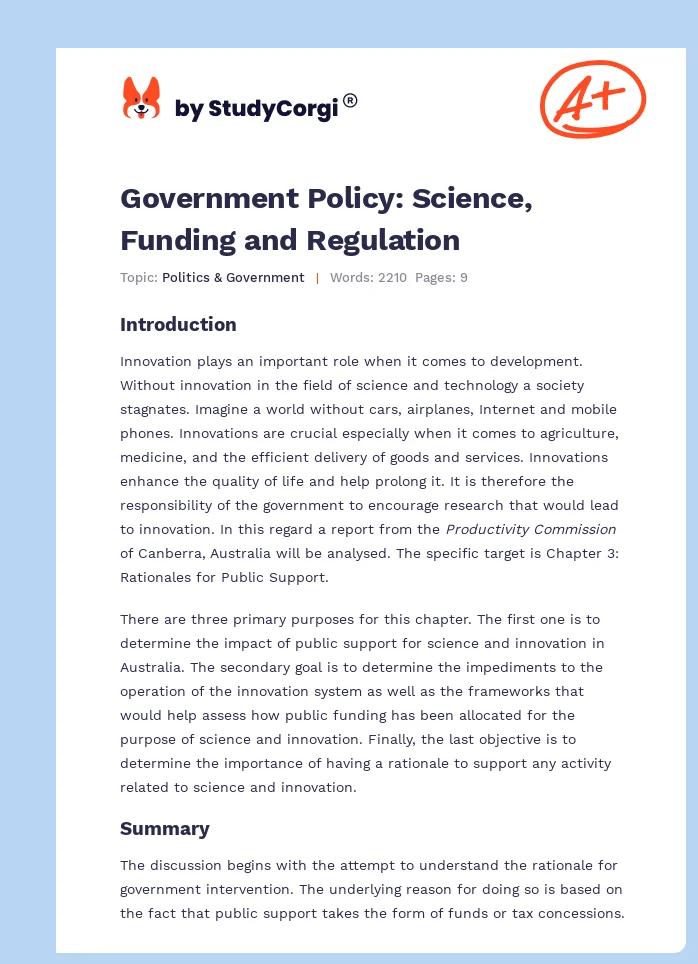 Government Policy: Science, Funding and Regulation. Page 1