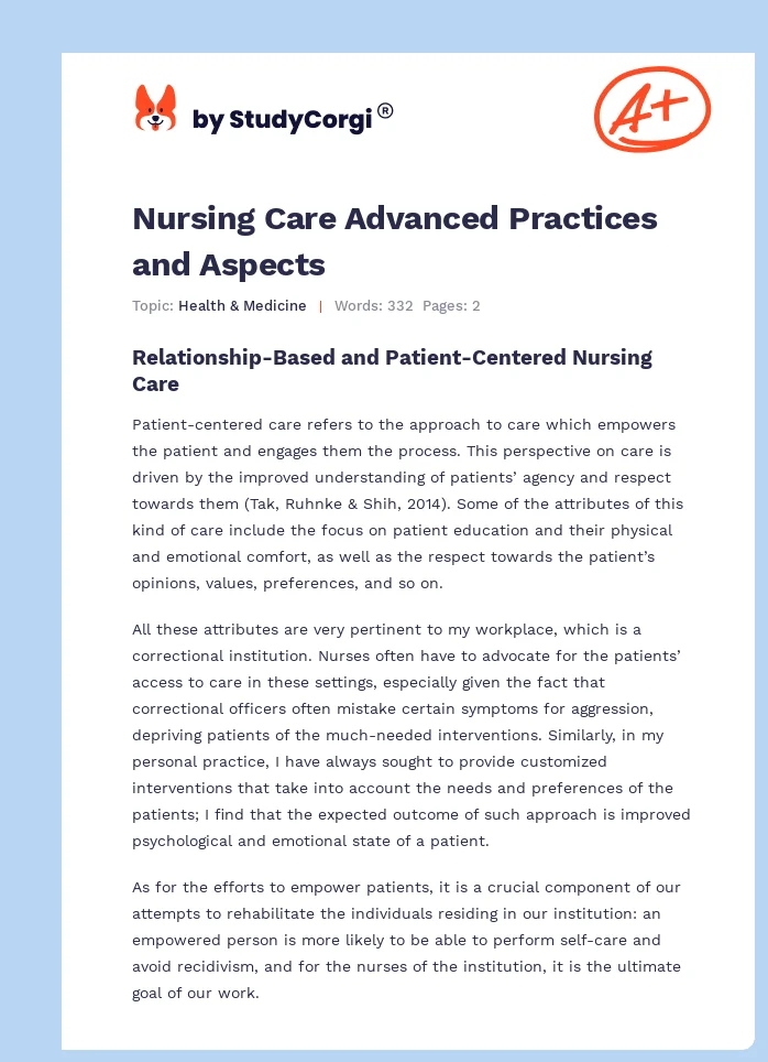 Nursing Care Advanced Practices and Aspects. Page 1