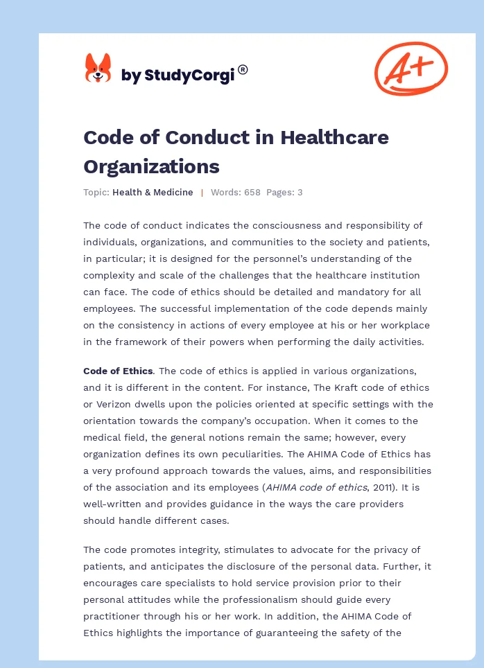 Code of Conduct in Healthcare Organizations. Page 1