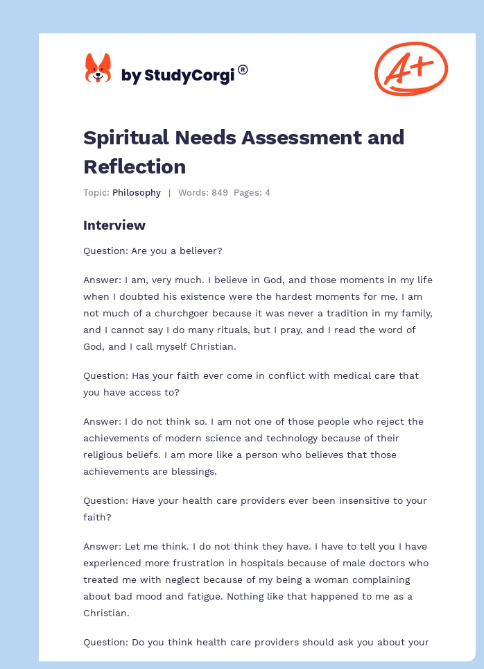Spiritual Needs Assessment and Reflection. Page 1