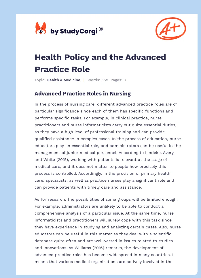 Health Policy and the Advanced Practice Role. Page 1