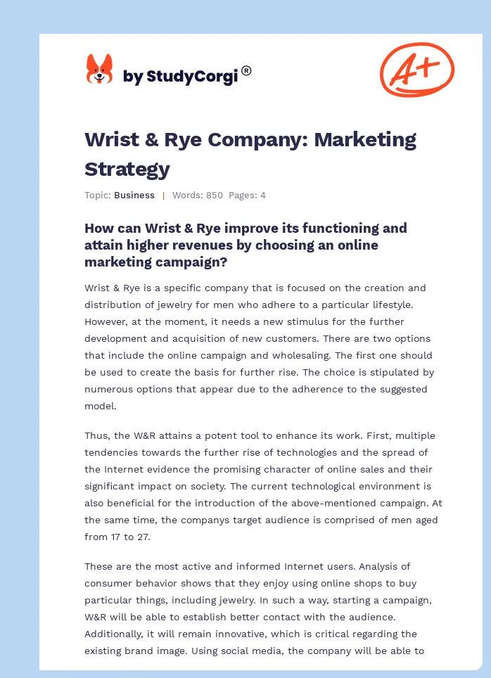 Wrist & Rye Company: Marketing Strategy. Page 1