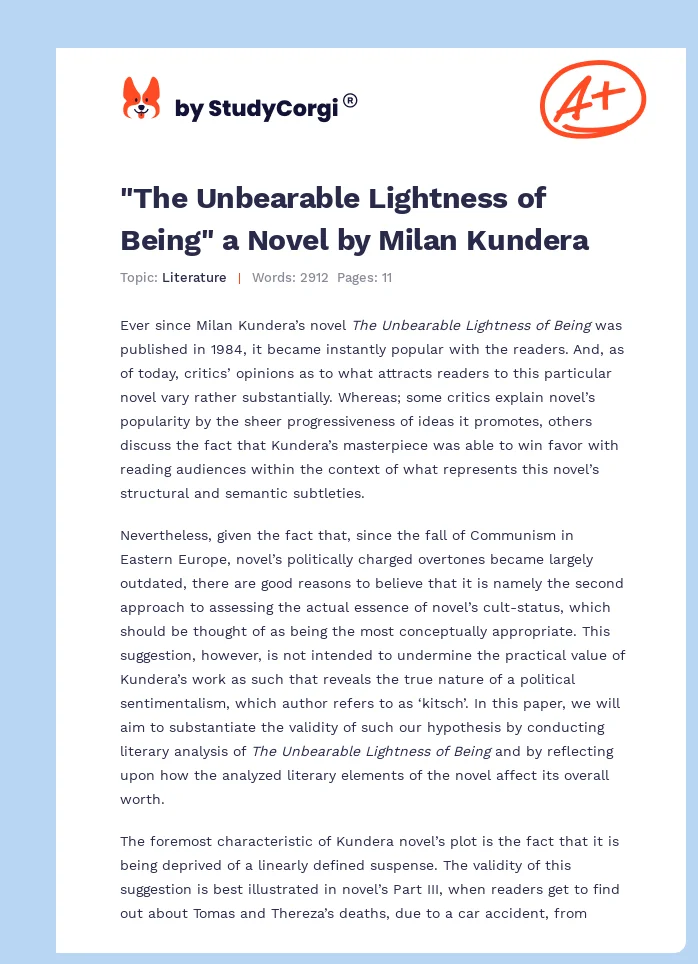 "The Unbearable Lightness of Being" a Novel by Milan Kundera. Page 1
