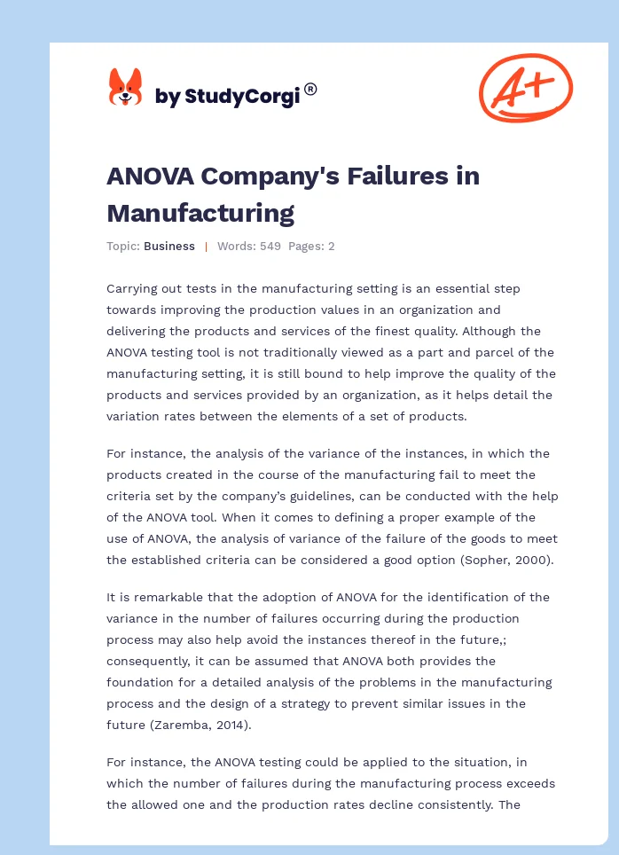 ANOVA Company's Failures in Manufacturing. Page 1