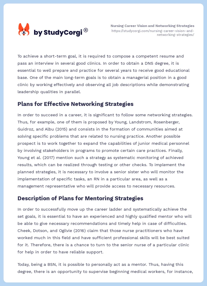 Nursing Career Vision and Networking Strategies. Page 2