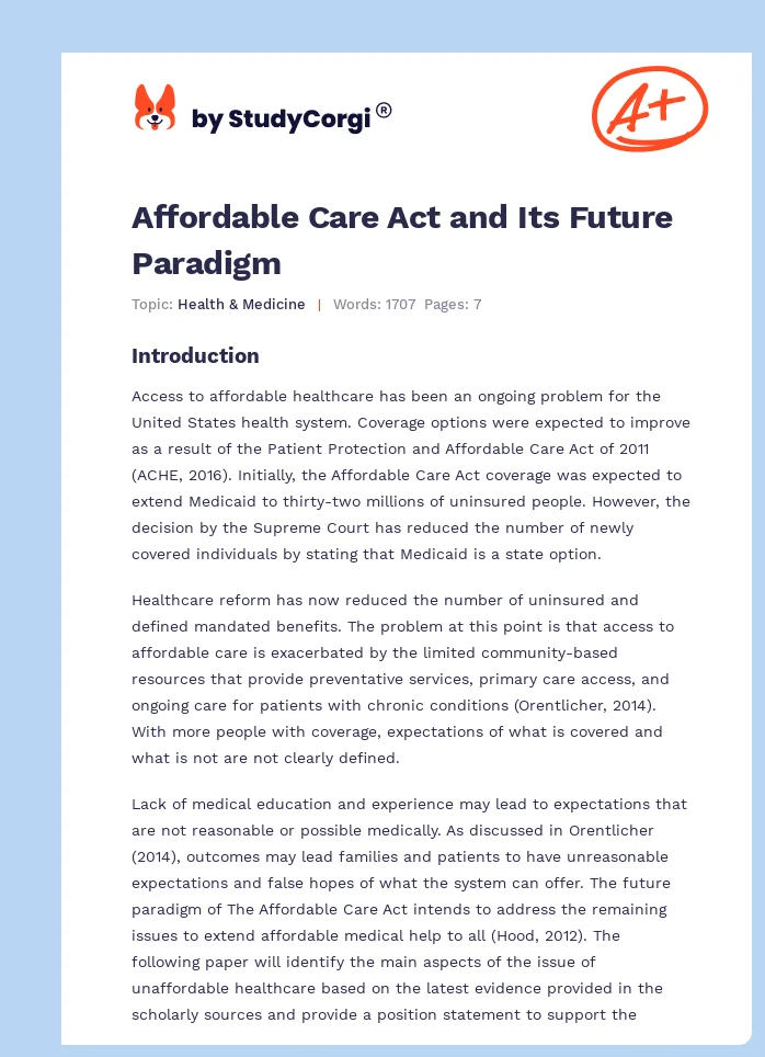 Affordable Care Act and Its Future Paradigm. Page 1